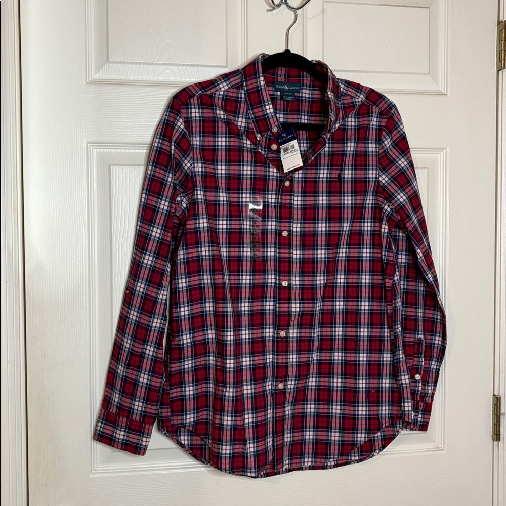 Ralph Lauren NWT boys button down plaid shirt Sz XL 18/20 red blue white